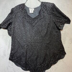 Vintage Black Beaded Silk Blouse V-Neck Scalloped‎ Hem Evening Top Plus Size 2X